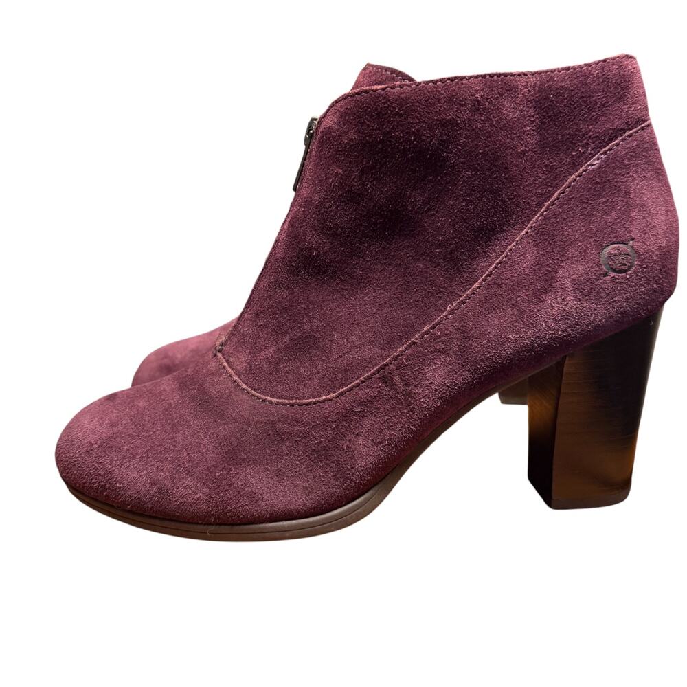 BORN Kenley Women 9.5 Suede Heeled Ankle Boots Eggplant Purple Front Zip Bootie
